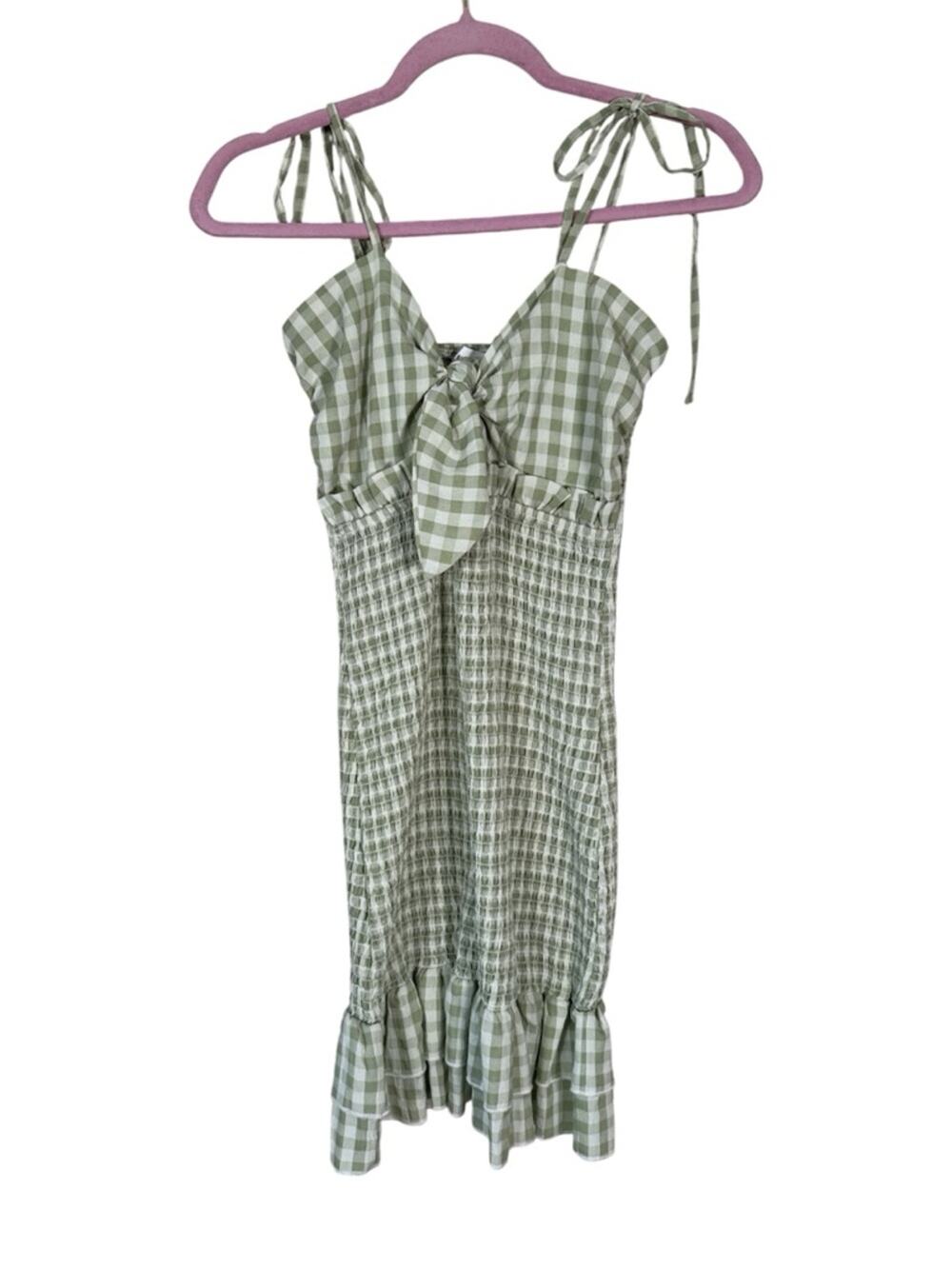 Mable the Label Green White Plaid Smocked Mini Dress Women M Summer Girly Ruffle